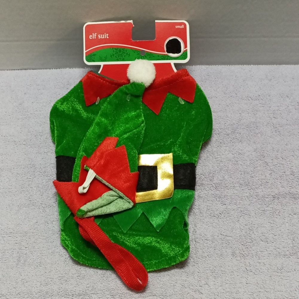 Elf suit with hat dog apparel holiday costume color green and red new